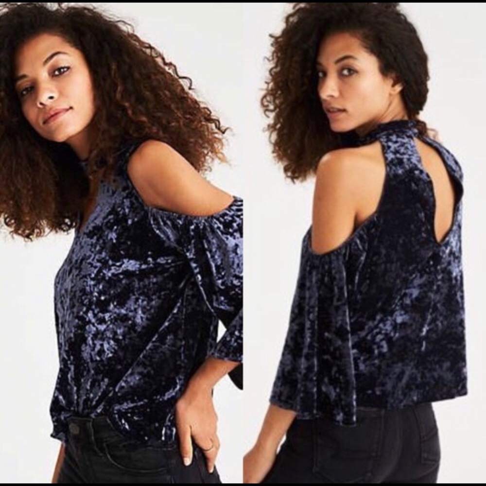 Navy Crushed Velvet Cold Shoulder Top